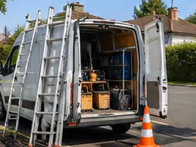 Illustration : camion ouvert, échelles fixées sur le côté et matériel rangé à l’intérieur