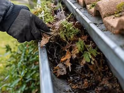 Illustration : main gantée qui retire mousses et feuilles d’une gouttière